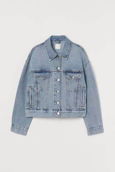 Boxy jacket in washed cotton denim. Collar, buttons at front, dropped shoulders, and long sleeves... | H&M (US + CA)