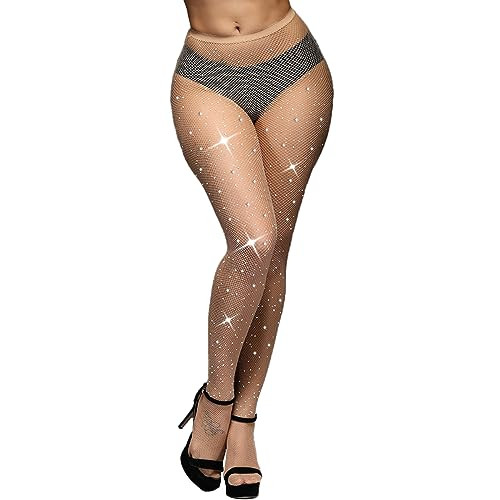 WEANMIX Women's Nude Rhinestone Fishnet Stockings Pantyhose, High Waist Sparkly Tights for Women, Skin | Amazon (US)