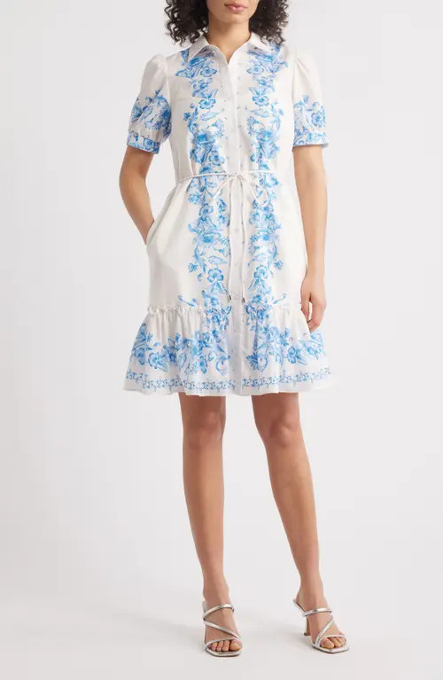 Julia Jordan Floral Placement Print Puff Sleeve Shirtdress in Ivory Blue at Nordstrom, Size X-Large | Nordstrom