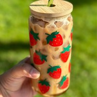 Strawberry Glass Cup With Lid & Straw, 16Oz Or 20Oz Iced, Personalized Coffee Cup, Cute Gift For Her, Summer Aesthetic | Etsy (US)