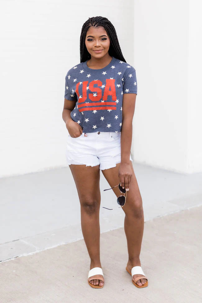 Vintage USA Stripes Cropped Graphic Tee Navy | Pink Lily