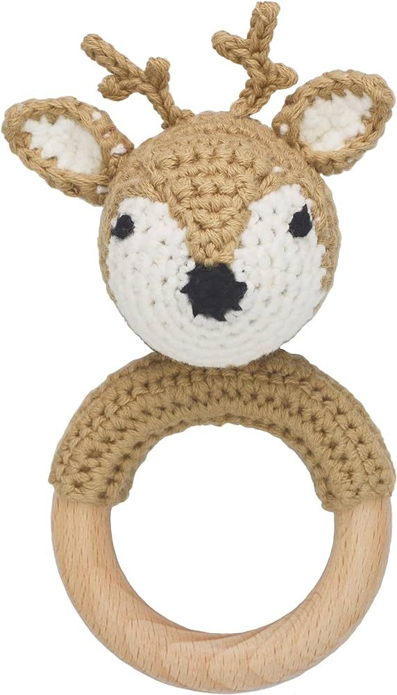 Joliecraft Woodland Friends Baby Rattle Shaker Toy with Wooden Teething Ring in White and Tan Dee... | Amazon (US)