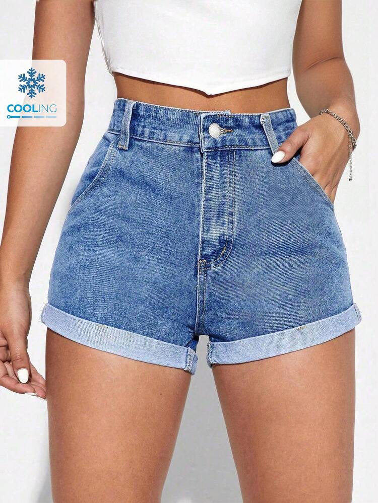 SHEIN EZwear Summer Casual Frayed Edge Denim Shorts, Washed | SHEIN