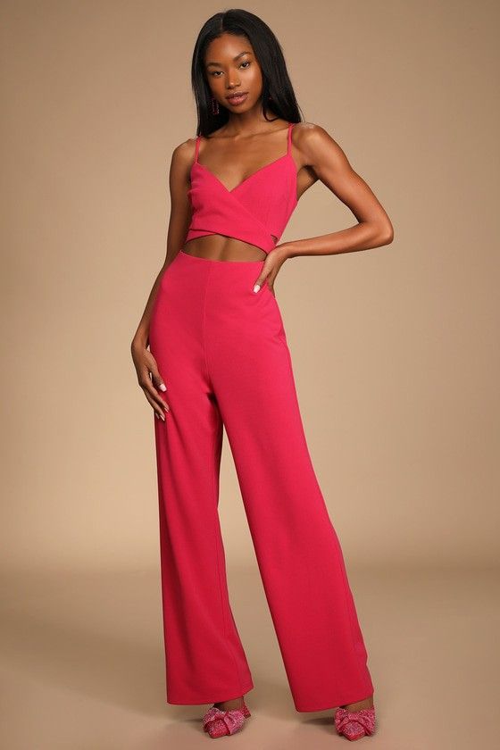 Hot Pink Cutout Wide-Leg Jumpsuit Pink Jumpsuit Spring Dress Spring Outfits Pastel Budget Fashion | Lulus (US)
