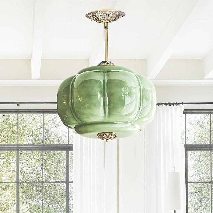 Antique Milk Glass Ceiling Light Fixture - 15 Inch Vintage Green Glass Pendant Light for Kitchen,... | Amazon (US)