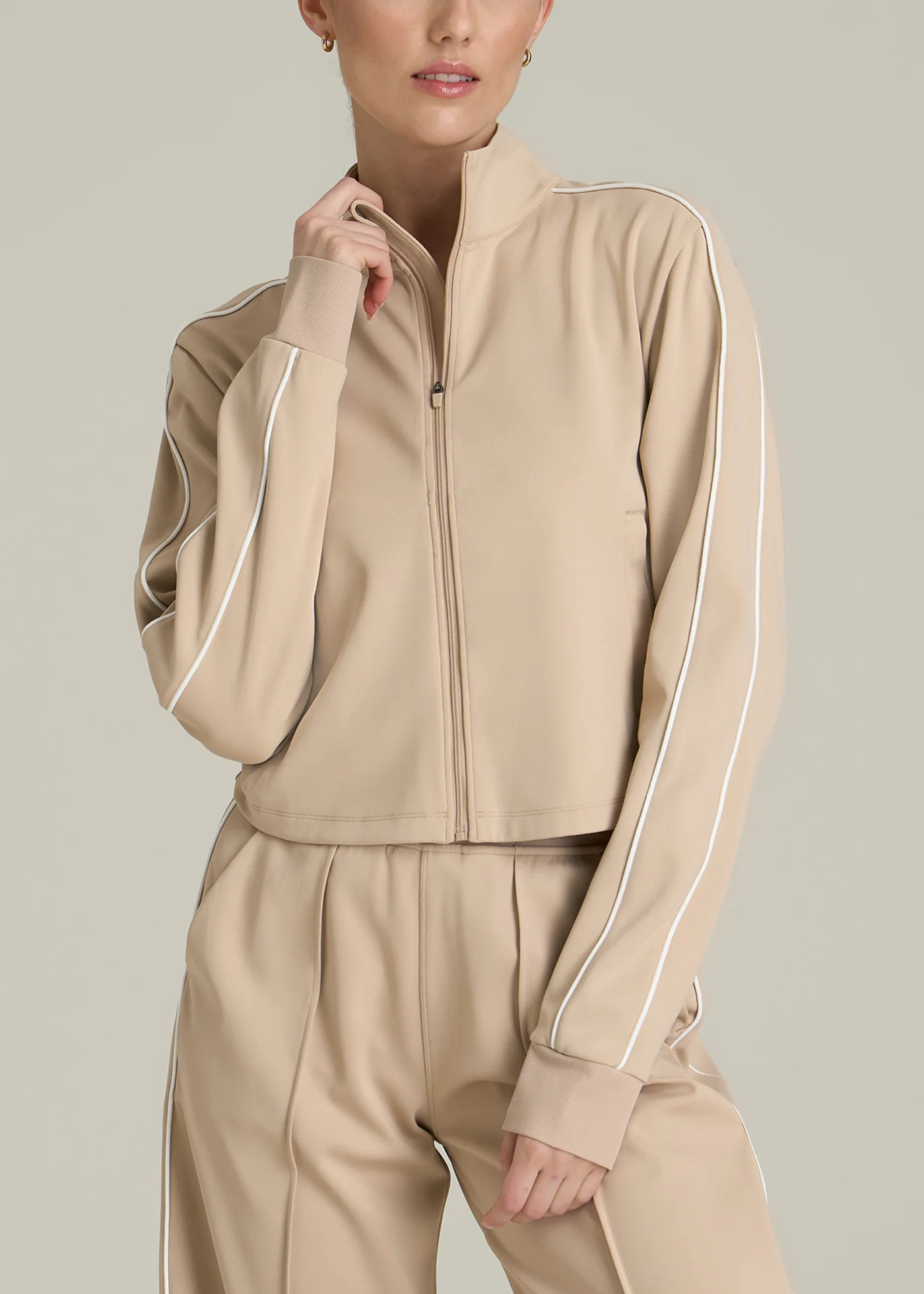 Cropped Track Jacket with Piping for Tall Women in Clay | American Tall