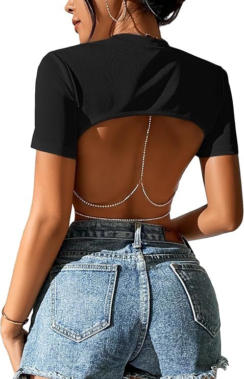 Cozyease Women's Rhinestone Chain Detail Backless Crop Tee Top Round Neck Short Sleeve Plain Caus... | Amazon (US)