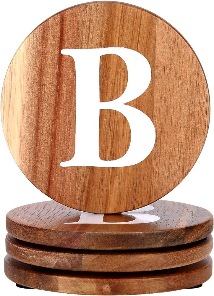 Wood Coasters Set, Natural Wooden Letters Coasters for Drinks, Set of 4 Wood Coasters, Wedding Co... | Amazon (US)