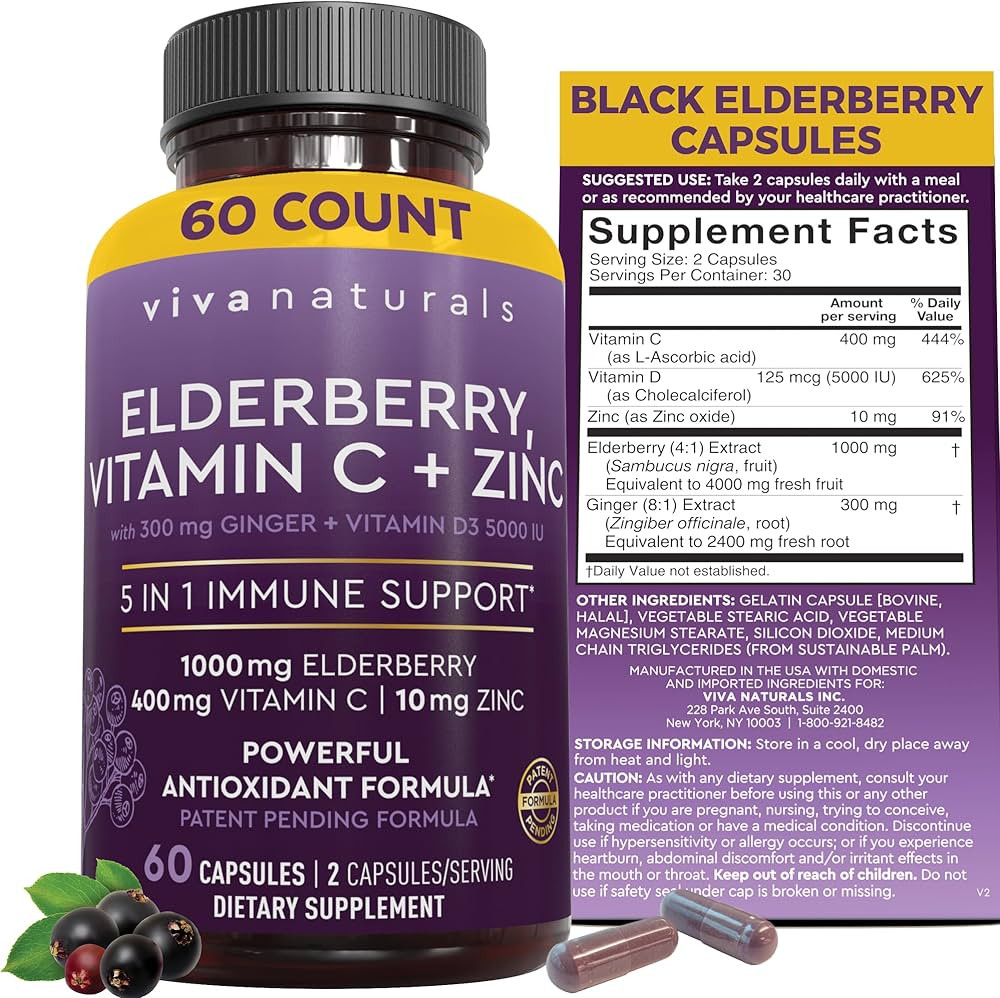 Viva Naturals Sambucus Elderberry with Zinc and Vitamin C for Adults, Vitamin D 5000 IU and Ginge... | Amazon (US)