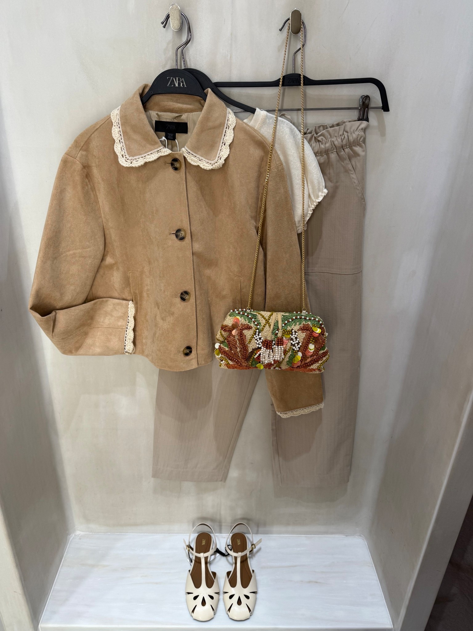 NEW IN FAUX SUEDE JACKET❤️‍🔥
Tags: embroidered collar beige and Zara details tapered trousers neutral embellished beaded bag Sage green clutch ruffled top cream cage sandals fashion spring city break inspo outfit ideas capsule wardrobe elevated basics cute ootd trends brunchh

#LTKootd #LTKspringtrends #LTKspring