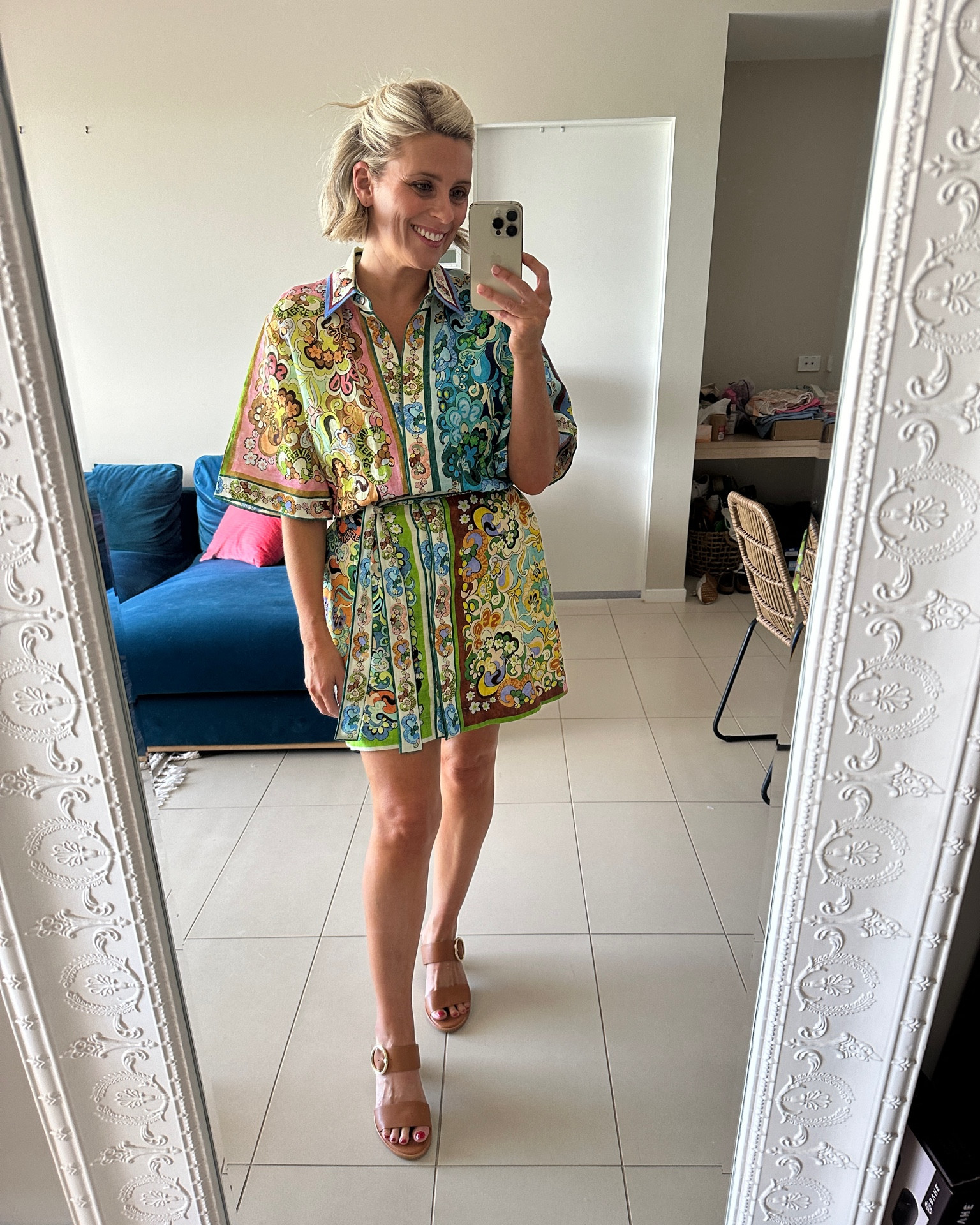 The perfect patterned linen shirtdress for a summer afternoon by the water. I love a good mini dress. I wear a size 10 in this one so I’d say sizing is pretty standard. 