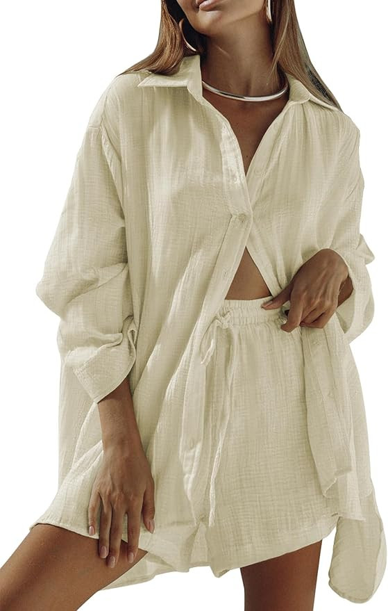 Fixmatti Women 2 Piece Outfits Long Sleeve Button Down Blouse and Shorts Sweatsuit Sets | Amazon (US)