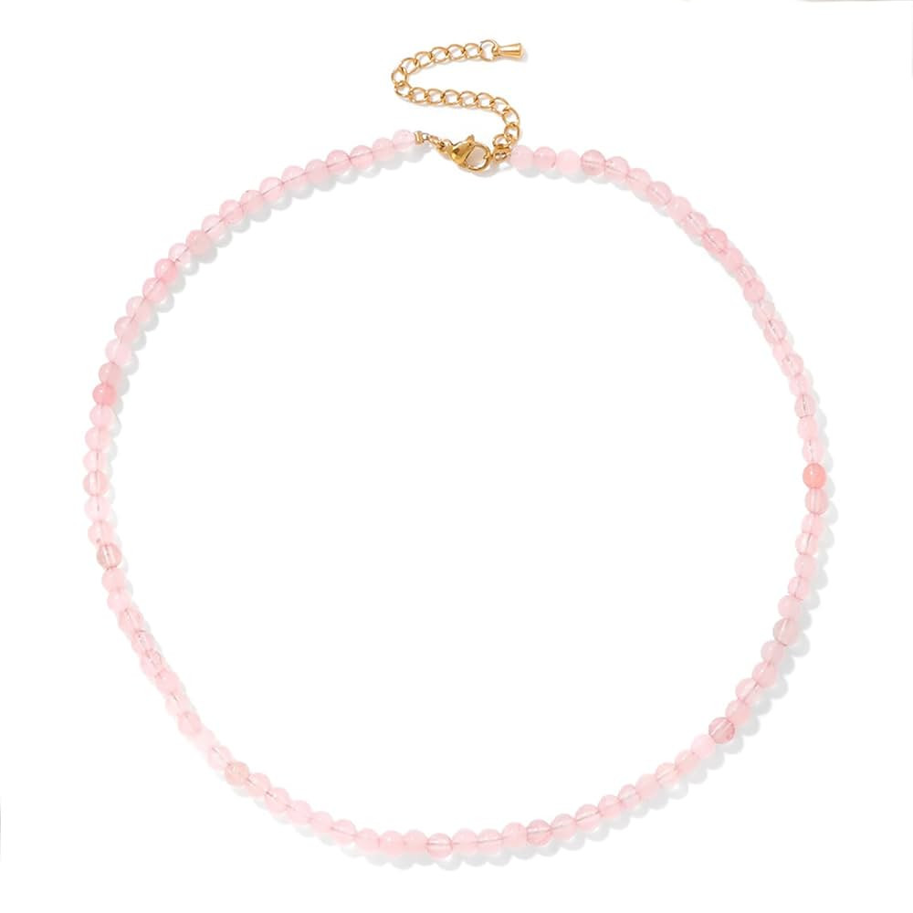 Rose Quartz Necklace for Women 4mm Handmade Pink Quartz Necklace Natural Stone Beaded Necklace Ch... | Amazon (US)