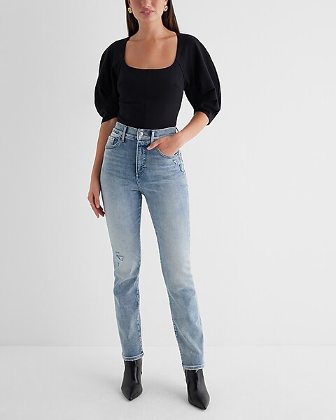 Fitted Ponte Square Neck Puff Sleeve Bodysuit | Express