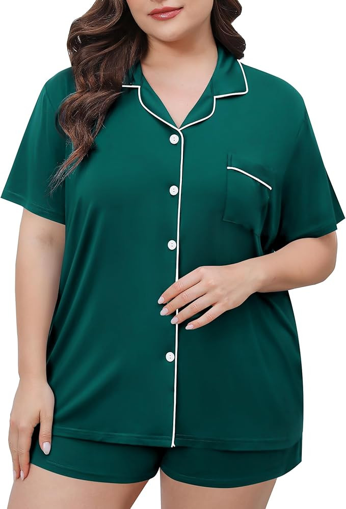 SWOMOG Women's Plus Size Pajamas Set Button Down Tops Short Sleeve Sleepwear Soft Pajama Shorts 2... | Amazon (US)