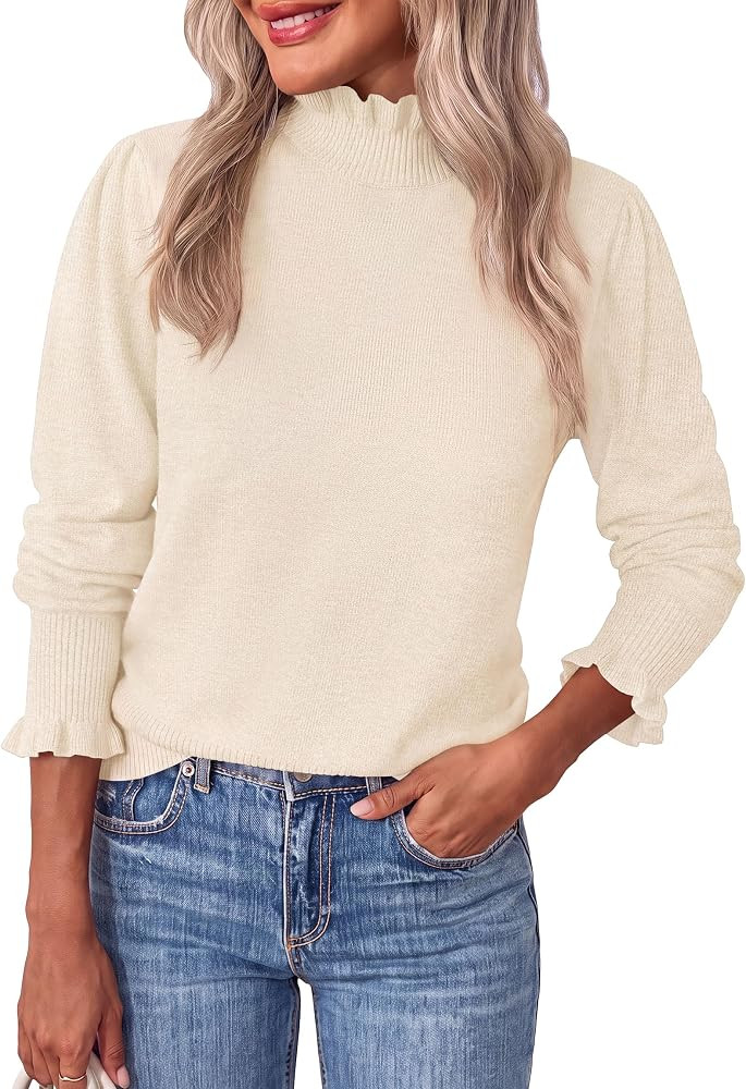 PRETTYGARDEN Women's Fall Cozy Sweaters Trendy Ruffle Mock Neck Pullover | Amazon (US)