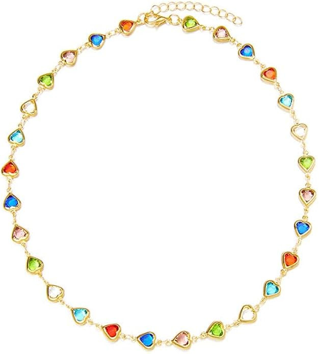 ONLYJUMP Rainbow Heart Necklace for Women Trendy Heart Necklace Multicolor CZ Rainbow Chain Spark... | Amazon (US)