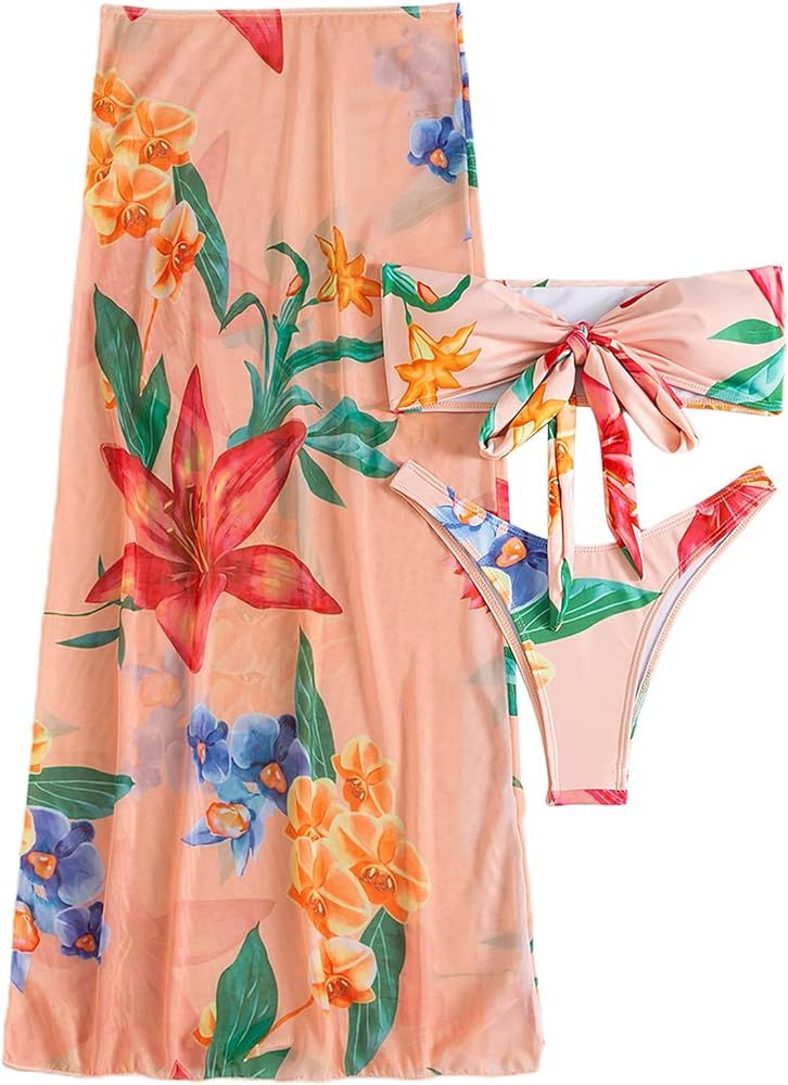 MakeMeChic Women's 3 Piece Floral Bandeau Bikini Set Swimsuit with Swim Beach Cover Up Skirt | Amazon (US)