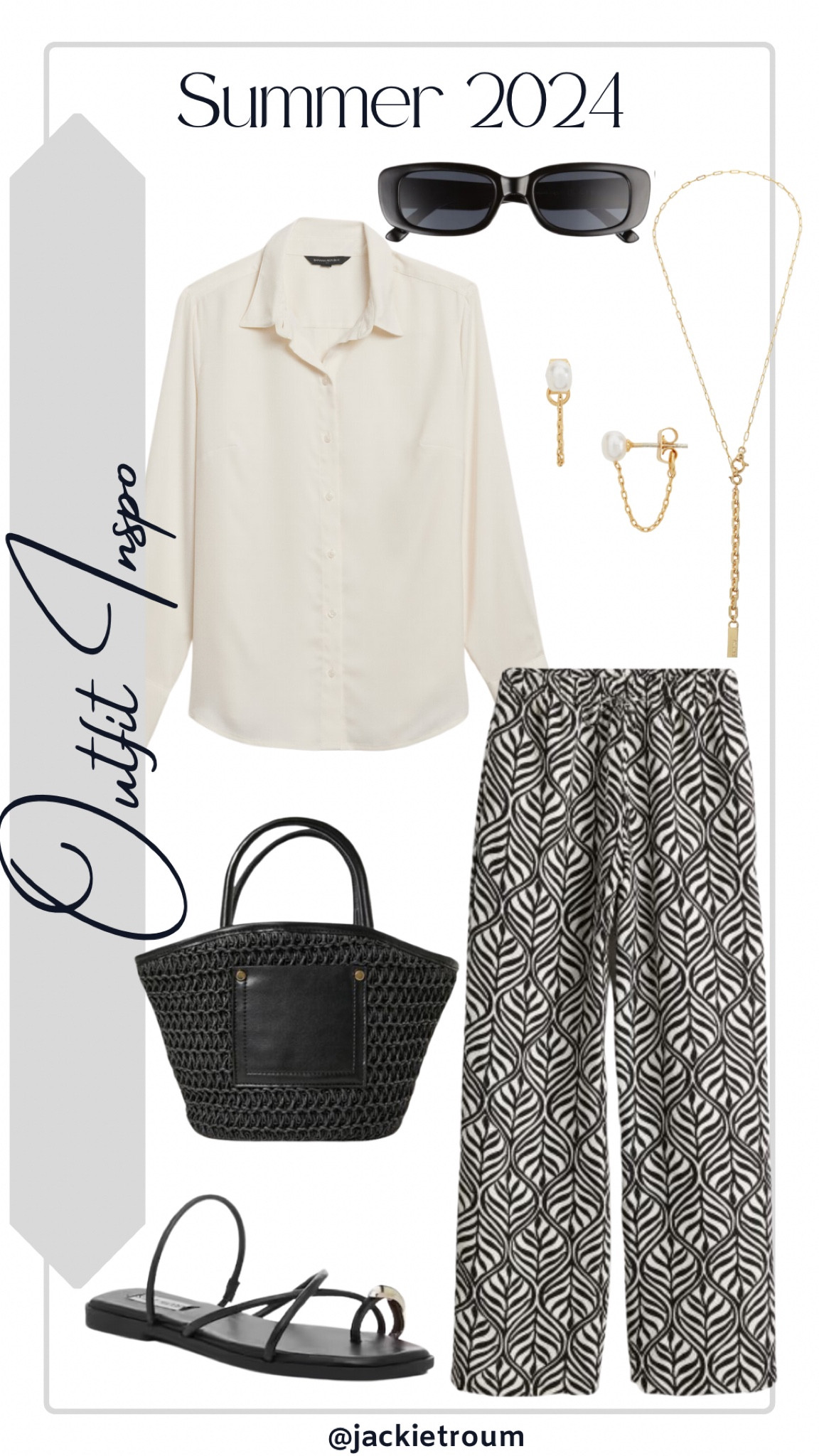 Outfit Inspo: Summer 2024

Black & White Patterned Linen Pants: H&M
White Satin Shirt: Banana Republic Factory
Black Straw Crossbody Bag: Forever21
Black Sandal: Steve Madden
Black Rectangular Sunglasses: AIRE
Pearl Chain Earrings: Madewell
Paper clip Chain Necklace: ALLSAINTS

#LTKSeasonal #LTKStyleTip #LTKOver40