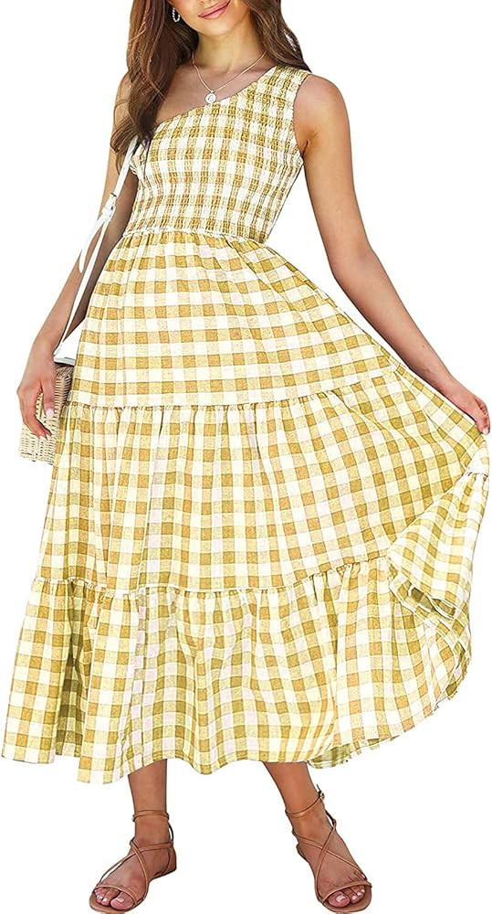 BTFBM Women One Shoulder Sleeveless Casual Summer Dresses Smocked High Waist Floral Print Boho Pleat | Amazon (US)