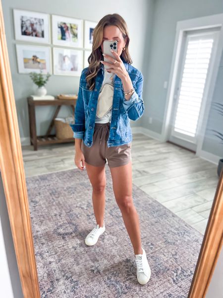Amazon knit shorts (XS). Casual outfit. Summer outfit. Mom outfit. Amazon whjte t-shirt (XS). Amazon denim jacket (XS, soft/stretchy). Amazon summer shorts. Casual style. Travel outfit. Airport outfit. I LOVE these shorts!! Veja Esplar sneakers. 