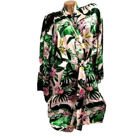 Victoria s Secret Lace Inset Satin Kimono Robe Light Pink Tropical Floral Lingere Size XS/S NWT | Walmart (US)