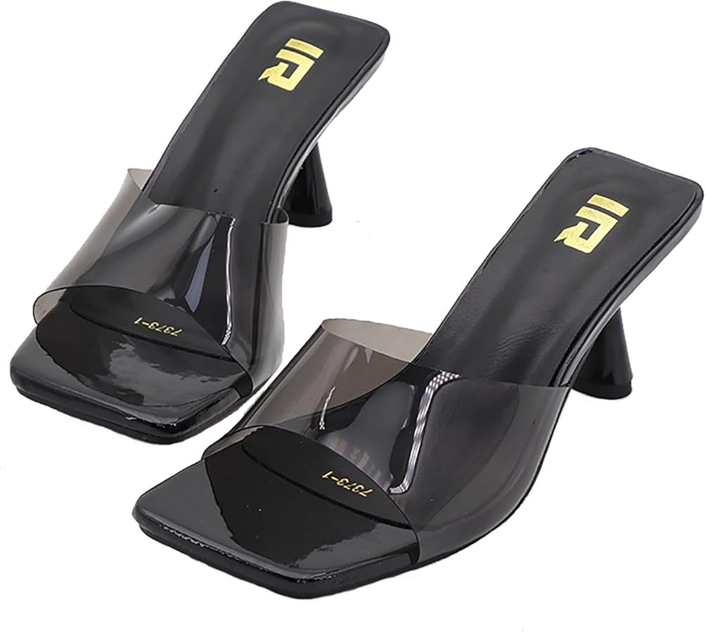 Women's Clear Strap Square Toe Stilettos Sandals Slip-on Sexy Jelly Color Comfortable Open Toe Hi... | Amazon (US)