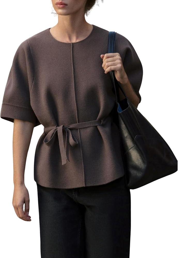 Zhiyouni Women's Short Sleeves Sweater Round Neck Belted Knit Peplum Tops Jumper Pullover | Amazon (US)