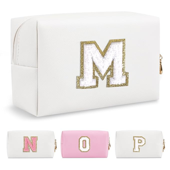 Small Personalized Initial A-Z Preppy Patch Makeup Bag,White PU Chenille Letter Travel Cosmetic P... | Amazon (US)
