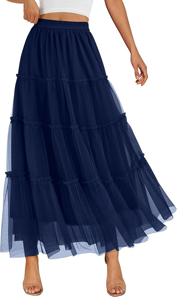 PRETTYGARDEN Maxi Skirts for Women 2025 Fall Tulle High Waisted Ruffle Flowy A-Line Long Skirt Co... | Amazon (US)