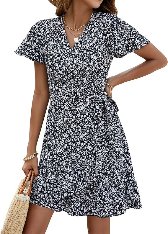 Naggoo Women's Summer Wrap V Neck Polka Dot Print Ruffle Short Sleeve Mini Floral Dress with Belt | Amazon (US)