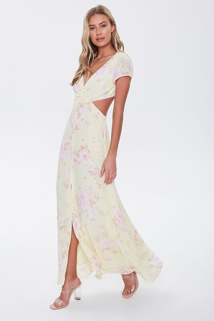Floral Print Cutout Maxi Dress in Light Yellow/Pink Large | Forever 21 (US)