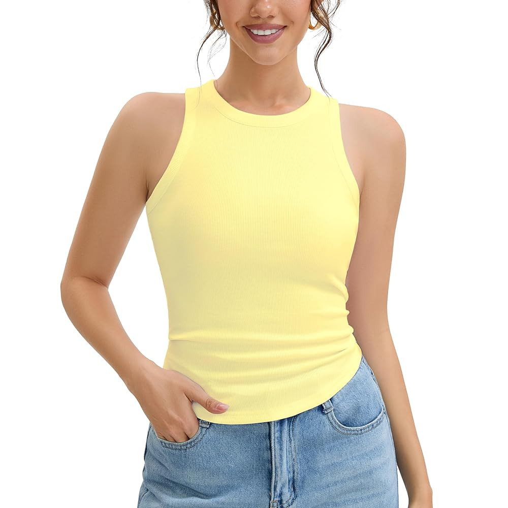 Cotton Sleeveless Tank Tops for Women, High Neck Summer Workout Racerback Ribbed Shirts Beach Vac... | Amazon (US)