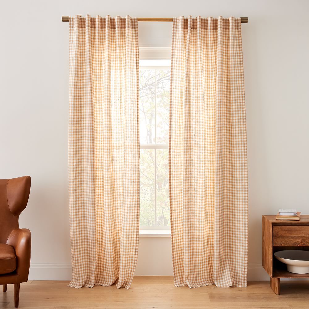 Heather Taylor Home Mini Gingham Linen Curtain - Almond | West Elm (US)