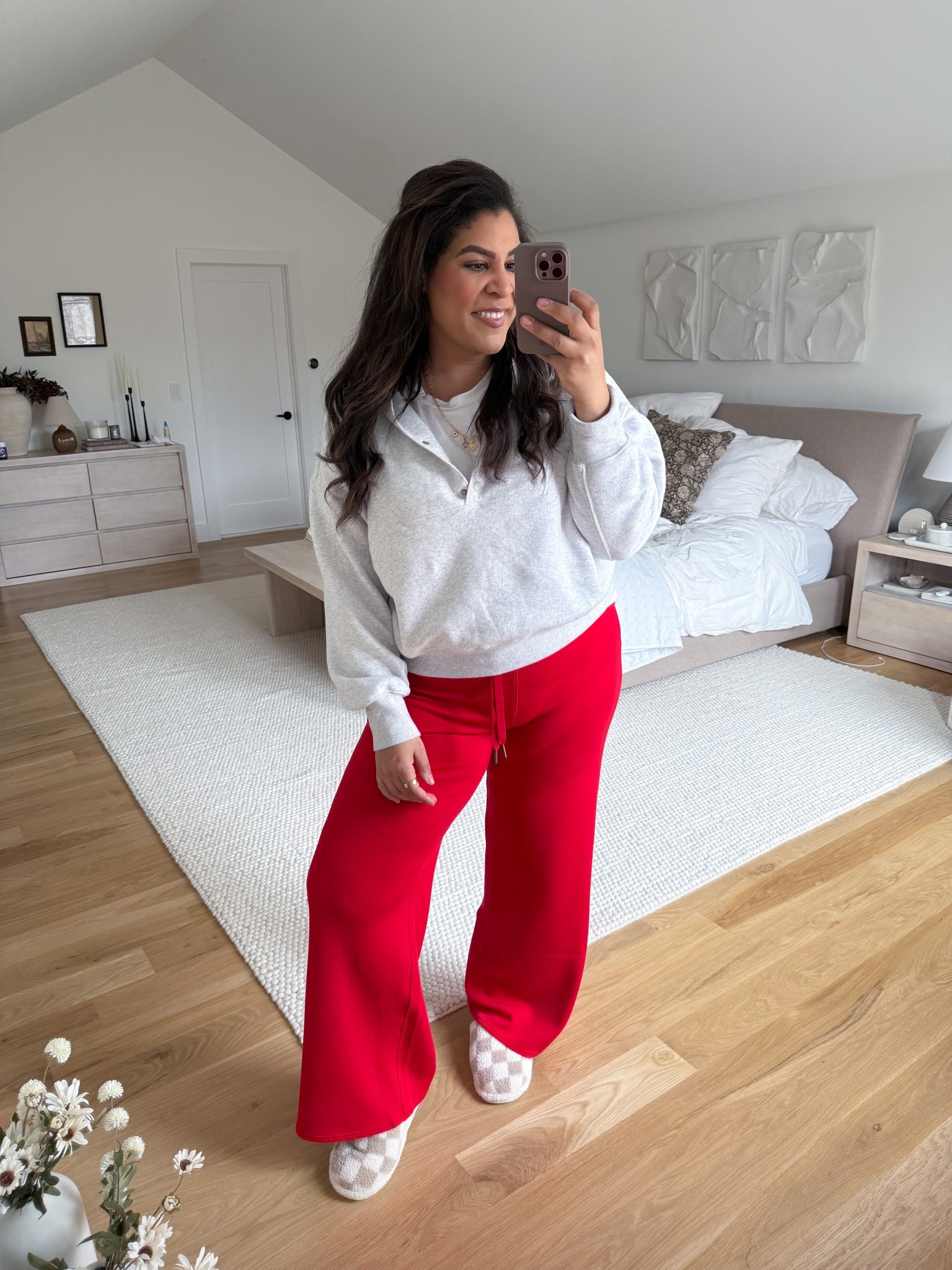 OOTD: day 63/365 of sharing my realistic midsize outfit of the day! love this aerie sweatshirt with these cherry red air essentials pants by SPANX! They are soooo good! XL on top & XL long on bottom — I’m 5’9” 38D size 12/xl! ♡
