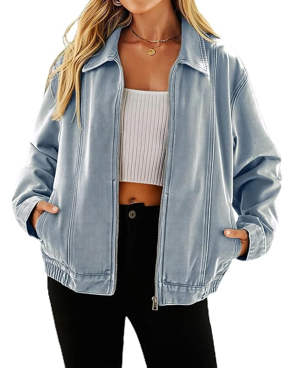 Glamaker Womens Denim Jacket Zip Up Spring Fall Casual Jean Jacket Relaxed Fit Classic Denim Coat | Amazon (US)