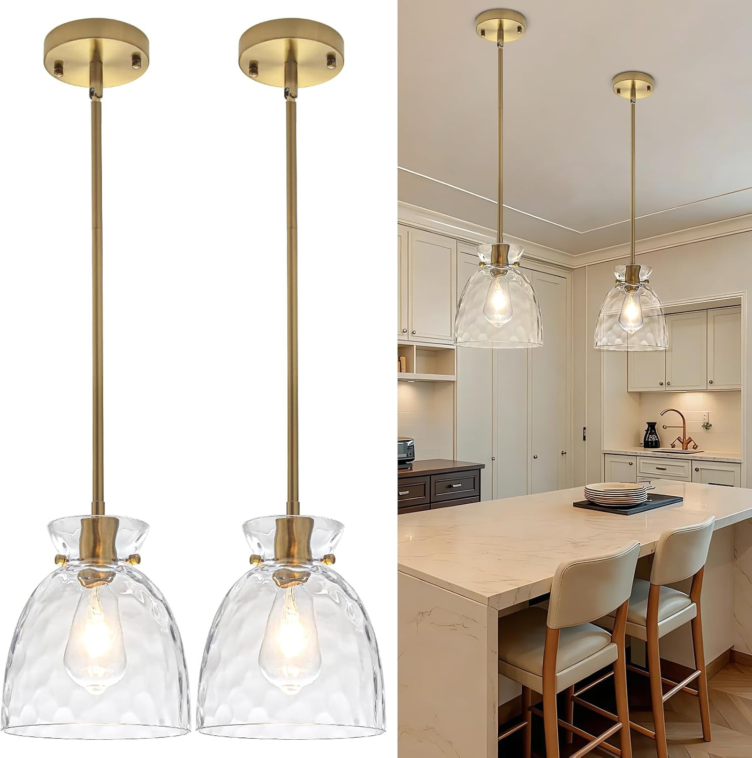 Gold Pendant Lights Kitchen Island 2 Pack, Modern Brushed Gold Pendant Light Fixtures with Hammered Clear Glass, Adjustable Hanging Light Small Island Lights for Kitchen, Sink, Dining Room, 7.5Inch | Amazon (US)