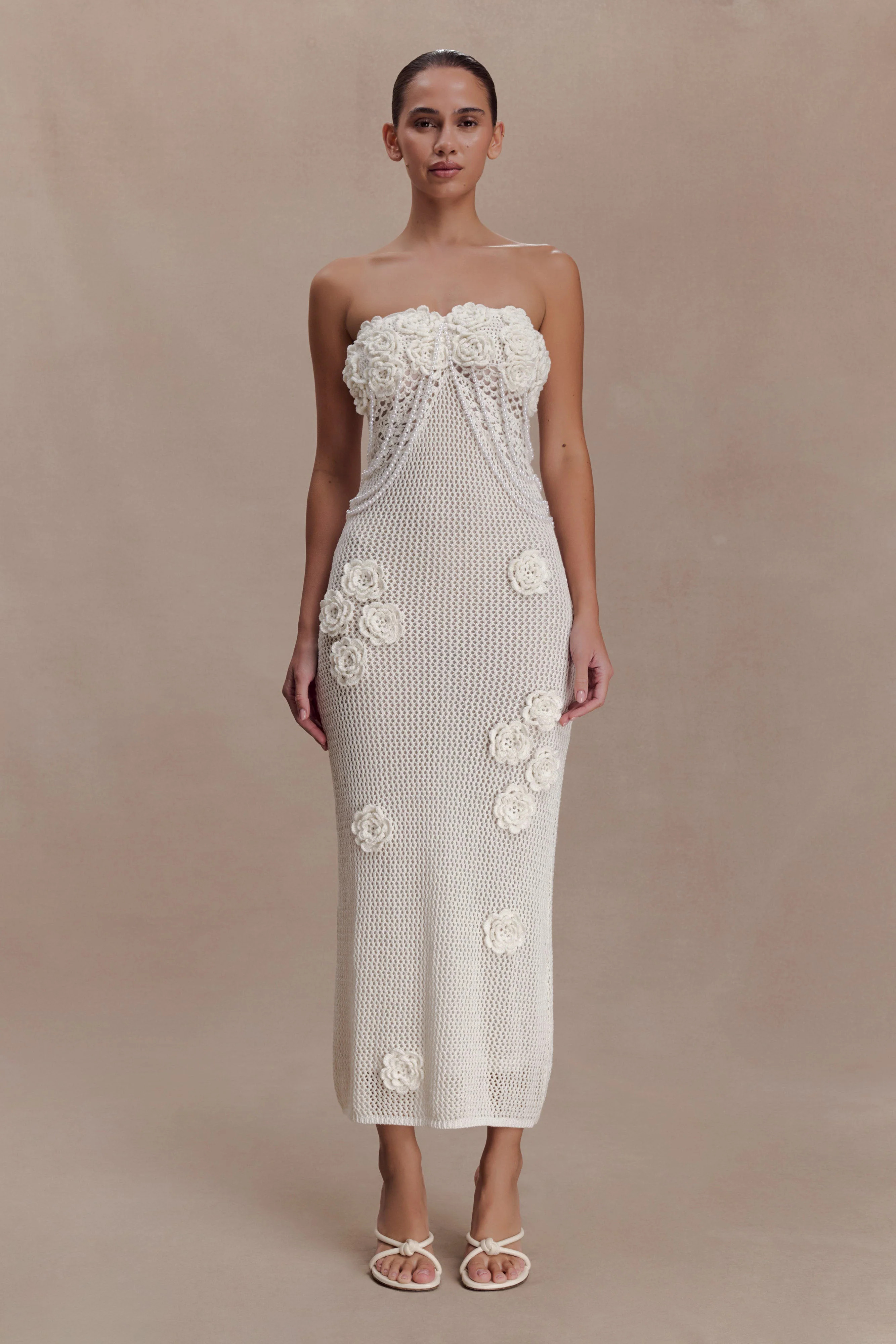 Crochet Midi Dress With Flowers - Ivory | MESHKI US