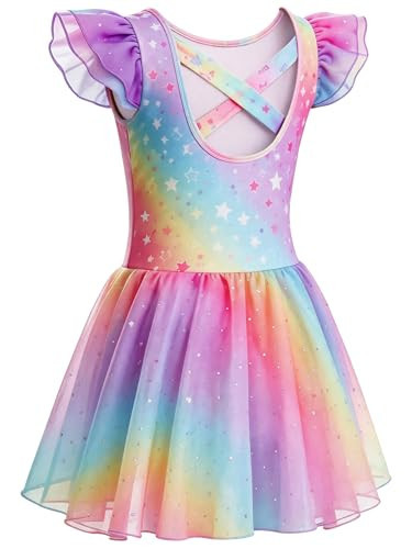 MdnMd Toddler Girl's Ballet Leotard Dance Dresses Outfit Flutter Ruffle Sleeve Rainbow Star Skirt Criss-Cross Back Ballerina(Rainbow-Butterfly, 10-12 Years) | Amazon (US)
