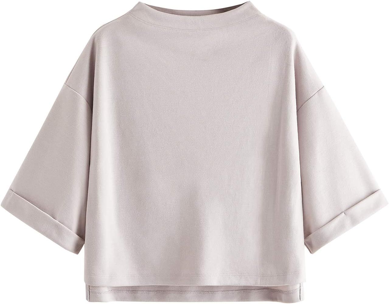 Women's 3/4 Sleeve Mock Neck Basic Loose T-Shirt Elegant Top | Amazon (US)