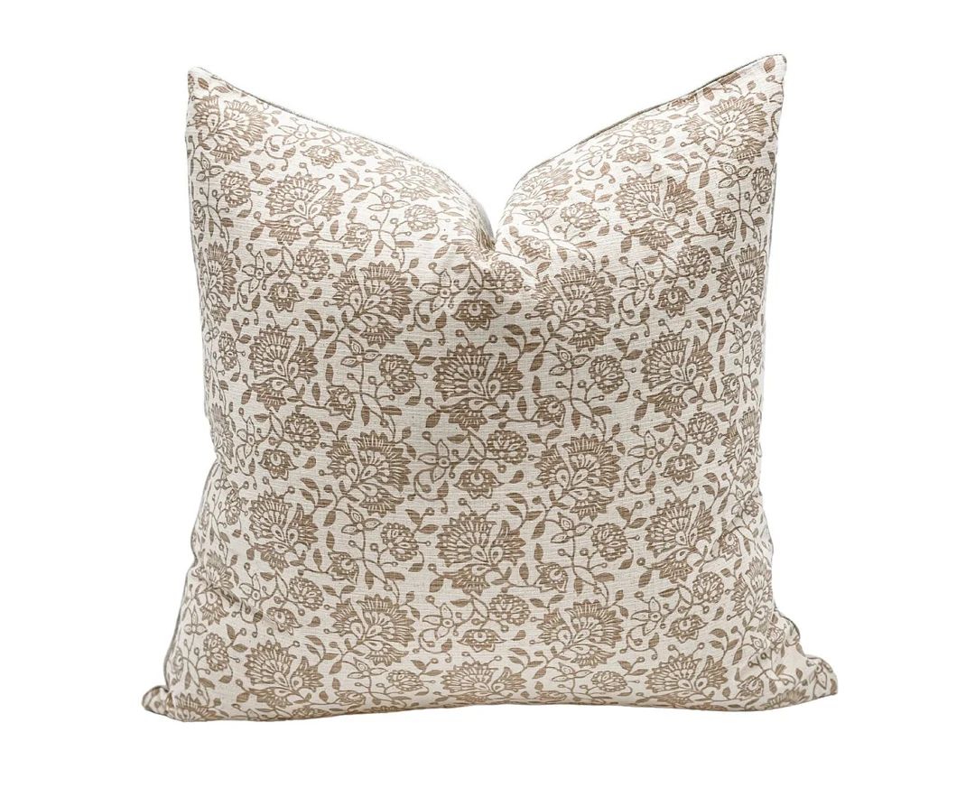 Designer Floral Pillow Cover in Tan Beige, Neutral Floral Pillow Cover, Farmhouse Pillow, Decorat... | Etsy (US)