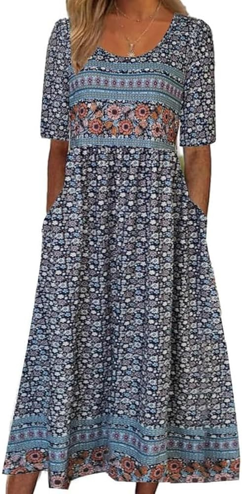 GRMLRPT Women Bohemian Floral Printed Dress Boho Short Sleeve T-Shirt Dress Loose Flowy Sundresse... | Amazon (CA)