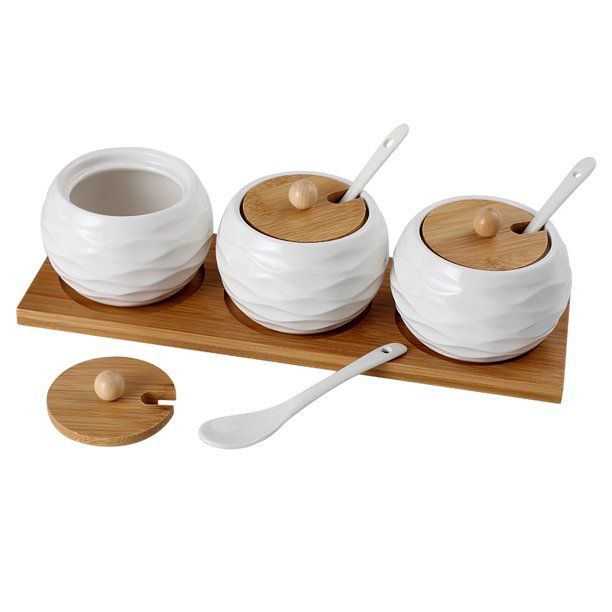Ceramic Seasoning Jar, , Salt and Sugar Bowl, Spice Jar, 3 White Seasoning Jar with Lid, Bamboo H... | Walmart (US)