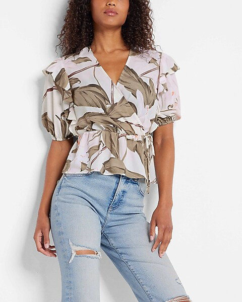 Printed Faux Wrap Puff Sleeve Peplum Top | Express