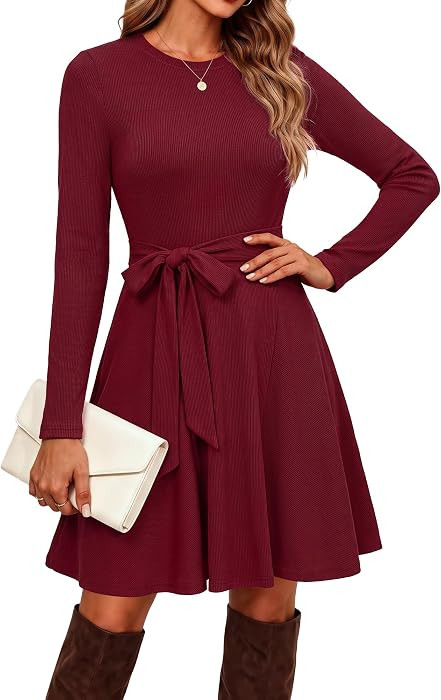 GRACE KARIN Women's 2026 Fall Long Sleeve Ribbed Mini Dresses with Belt | Amazon (US)