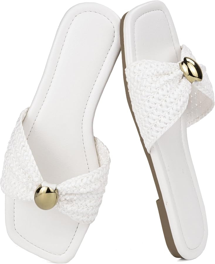 Merking Women's Flats Sandals Raffia Woven Knot Slide Sandal Square Open Toe Summer Casual Shoes ... | Amazon (US)
