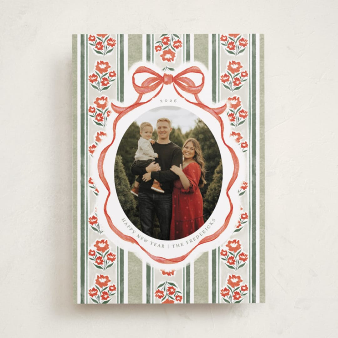 "Wildflower Holiday ribbon" - Customizable New Year Photo Cards in Blue by Jackie Crawford. | Minted