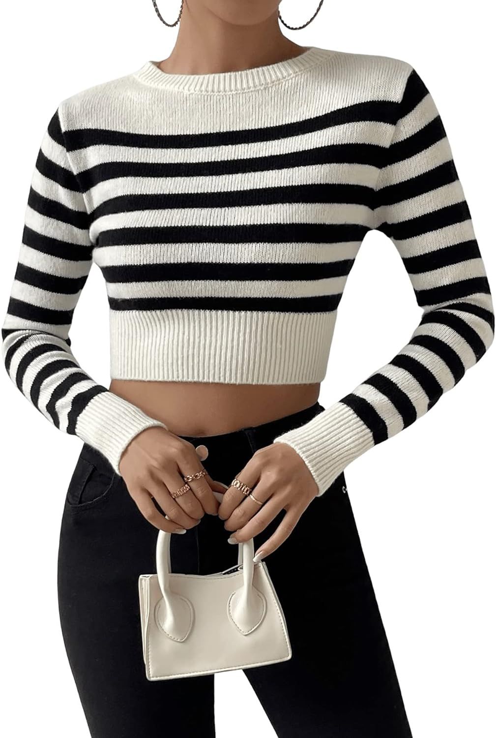 SweatyRocks Women's Striped Ribbed Knit Long Sleeve Round Neck Shirt Slim Fit Pullover Sweater Cr... | Amazon (US)