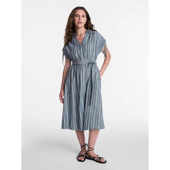 Time and Tru Women's Short Sleeve Midi Linen Shirt Dress, Sizes XS-XXXL | Walmart (US)