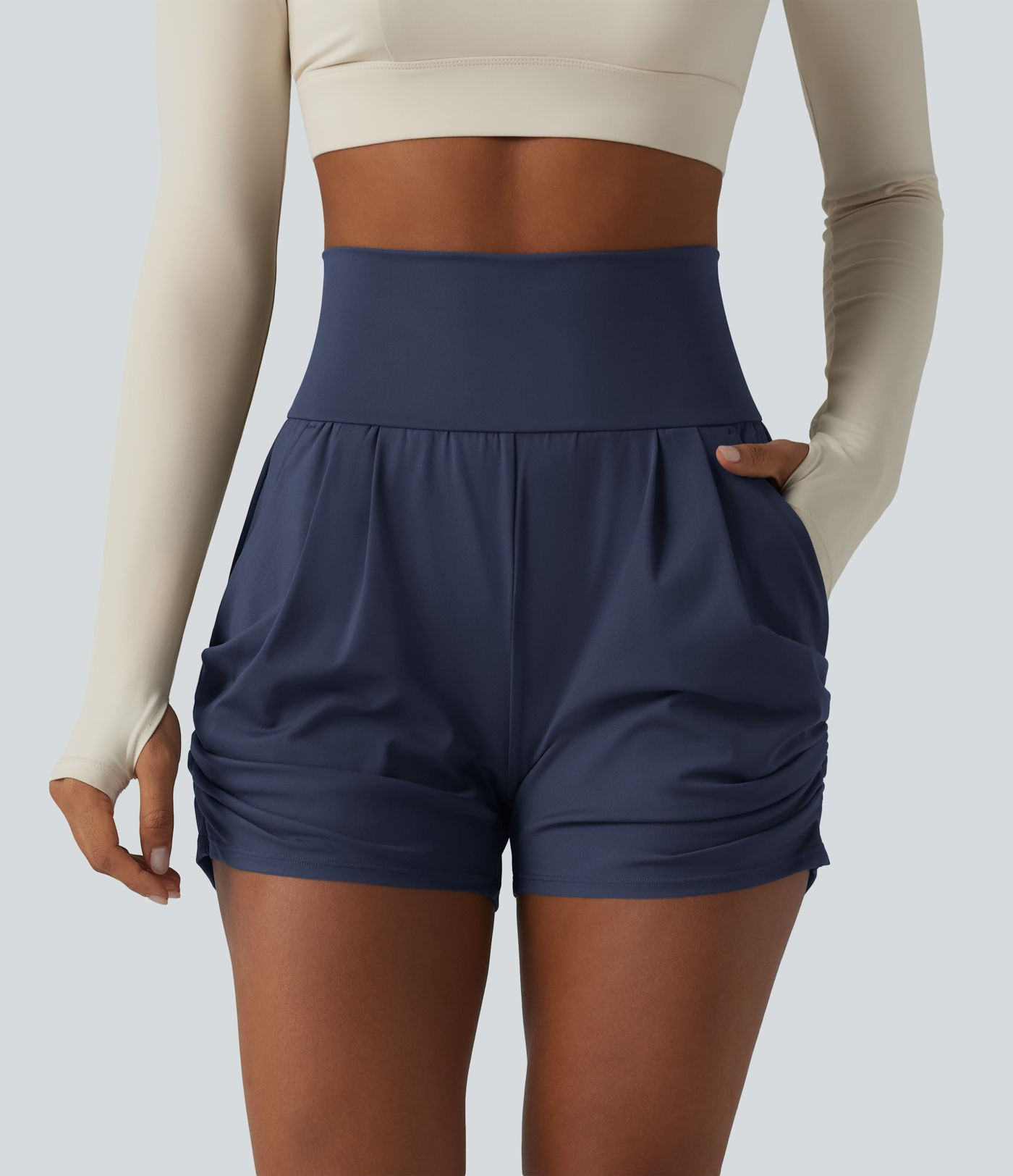 SoftlyZero\u2122 Airy High Waisted Ruched InstantCool Yoga Shorts 3'' with Pockets | HALARA